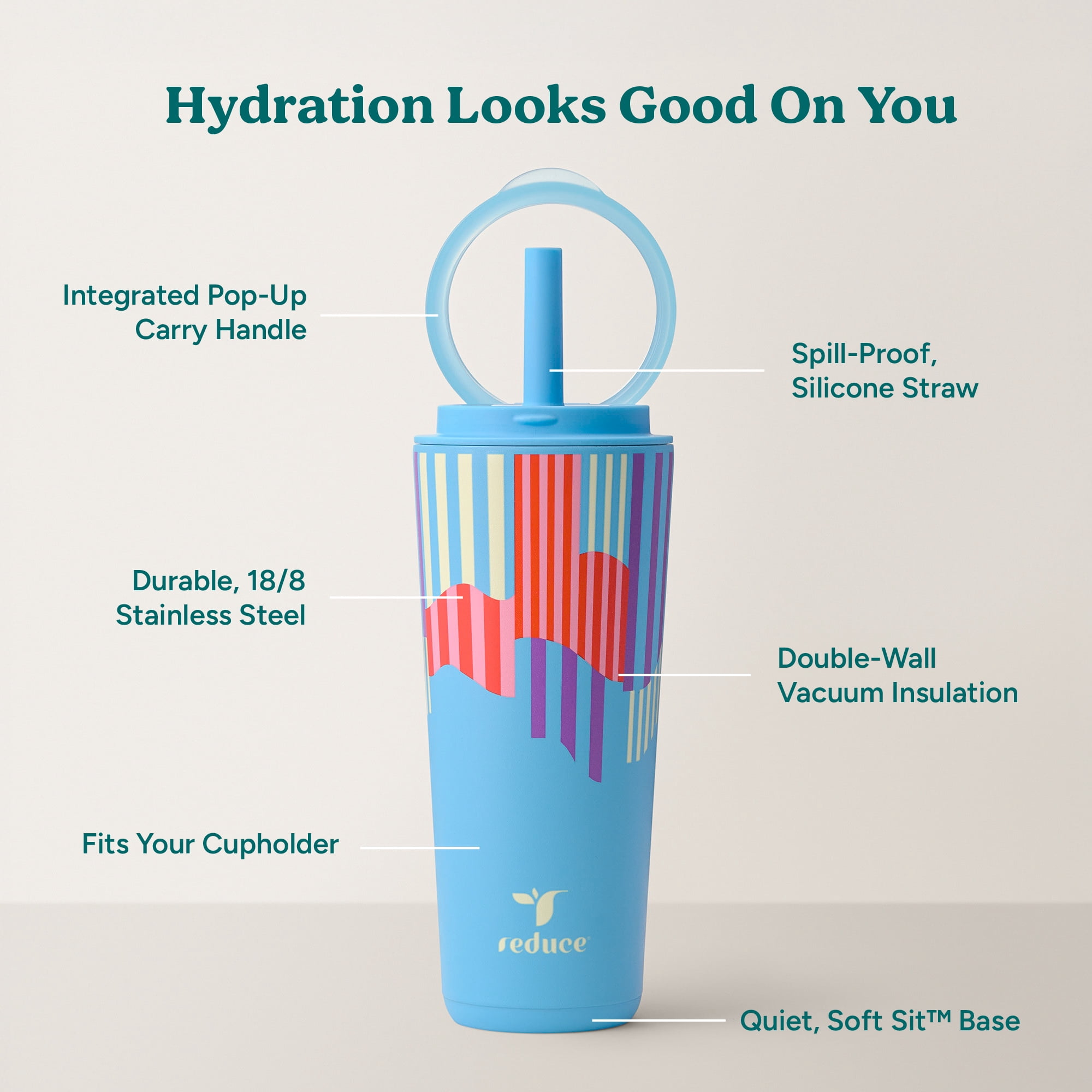 Reduce Jamie Makeup 22oz Halo Tumbler with Pop-Up Handle with Spill-Proof Straw - Candy Stripe