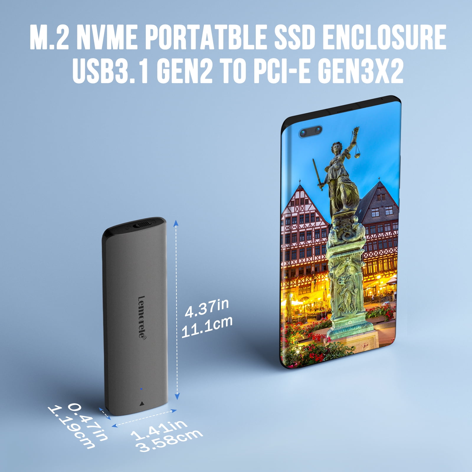 Lemorele NVMe SSD Enclosure, USB 3.2 Gen 2 NVMe SSD Enclosure Adapter, Suitable for M-Key and M+B Key 2230/2242/2260/2280, Capacity 4TB Tool-Free Installation