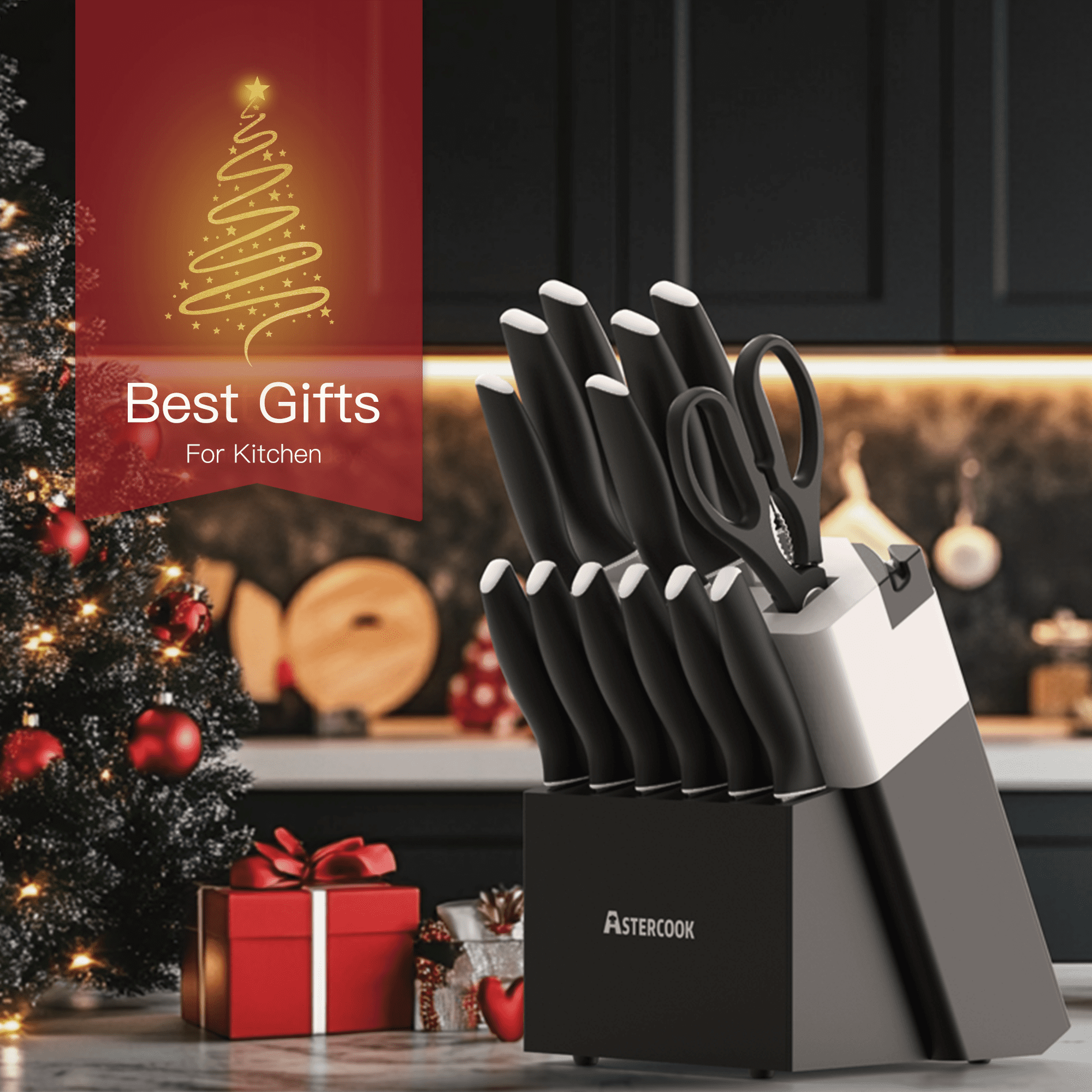 Astercook Knife Set, 14 Pieces Kitchen Knives Set with Healthy Anti-Rust Coating, Stainless Steel Knife Sets with Built-in Sharpener, Sharp & Rust Resistant Dishwasher Safe Elegant Black