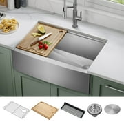 حوض مطبخ KRAUS Kore 30 Farmhouse Workstation مقاس 16 وعاء واحد من الفولاذ المقاوم للصدأ مع الملحقات