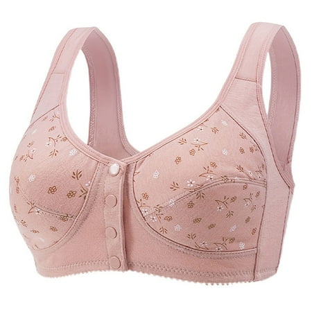 Women s Front Closure Bra Plus Size Wireless Bras for Senior Snap Close Wirefree Floral Everyday Underwear (44/100DE  Pink)