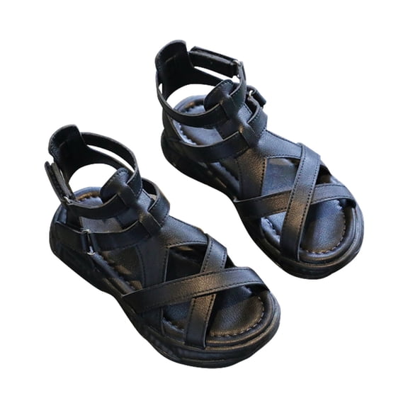 GiLiling Girls Gladiator Sandals, Open-Toe Adjustable Ankle forefoot Straps PU Upper Non-Slip Thick Sole, Casual Summer Footwear (Black, 4-4.5 Years)