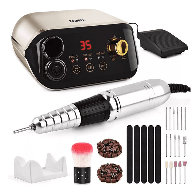 Kit de Manicure Malubero Pulidor Esmeril Drill Para Uñas Profesional Con pedal 35000rpm Dorado
