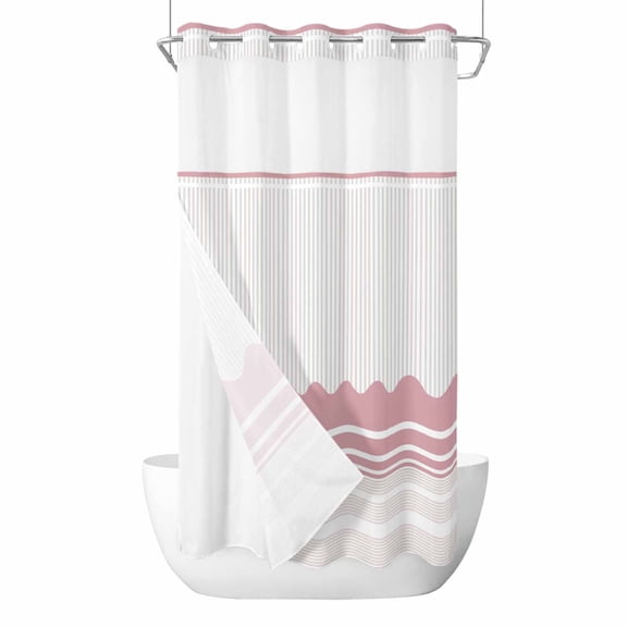 No Hook Pink Purple Striped Shower Curtain with Snap in Liner Set, Abstract Modern Geometric Stripes Waterproof Fabric Bathroom Curtains with See Through Top Window, Hotel Style Stall 54 x 78 Inch