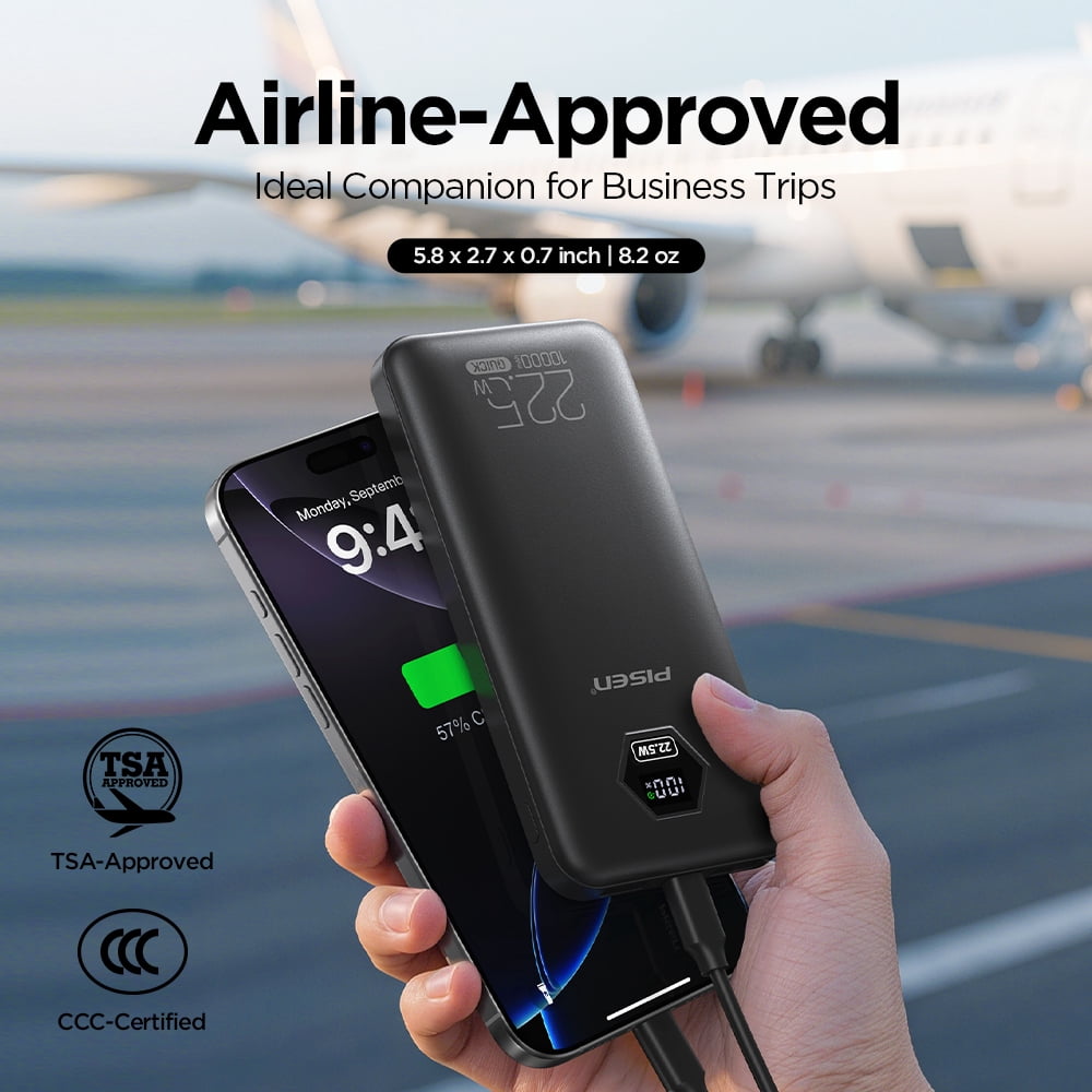 PISEN 10000mAh 3C Power Bank, 22.5W CCC Certified Power Bank, Travel Battery Pack 3C Portable Charger, Supports PD 3.0, QC 3.0, LED Display Travel Portable Charger for iPhone, Samsung and More