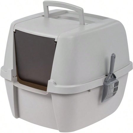 IRIS USA Jumbo Enclosed Cat Litter Box with Front Door Flap and Scoop Covered Kitty Litter Box with Handle and Buckles for Portability and Privacy Gray