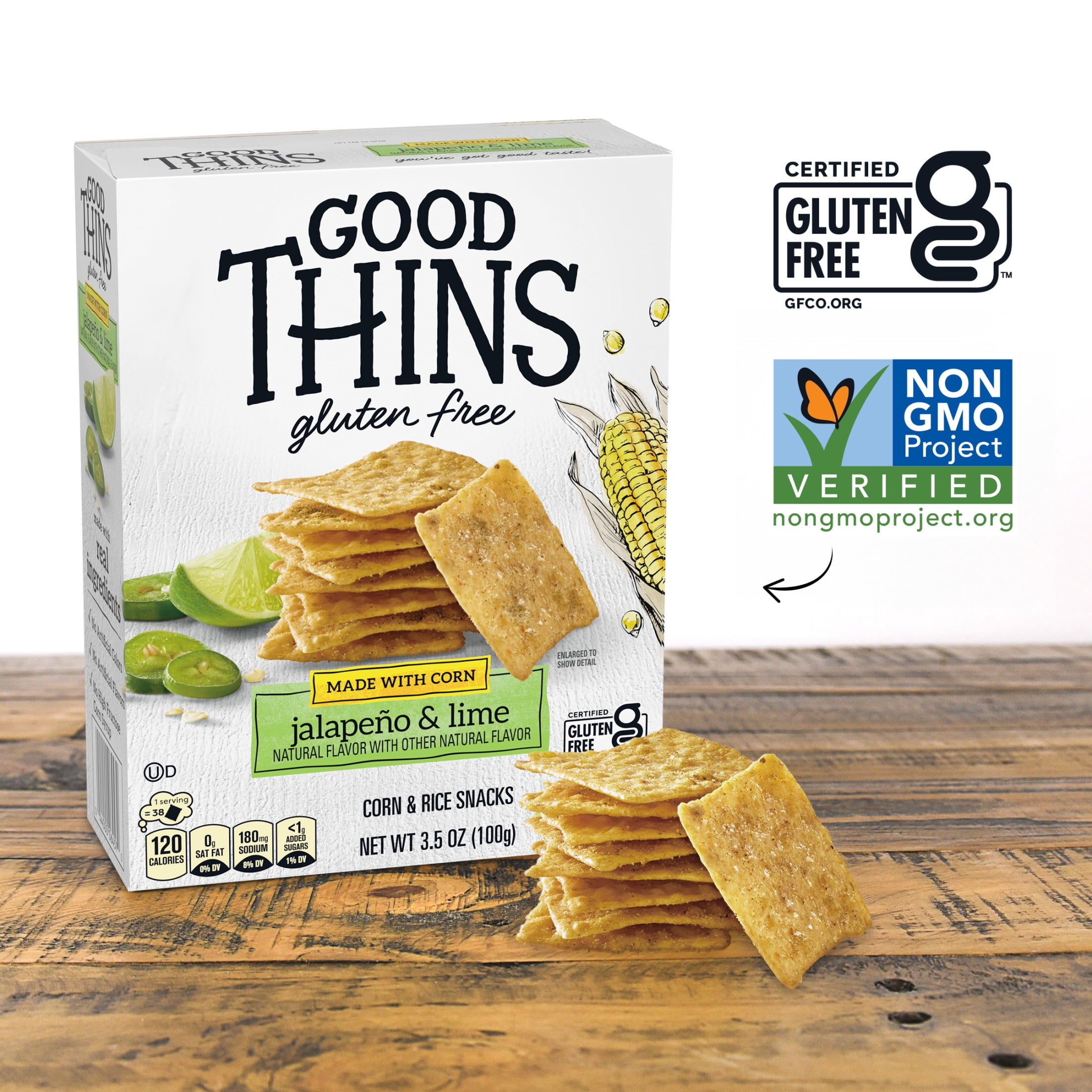 GOOD THINS Jalapeño & Lime Corn & Rice Snacks Gluten Free Crackers, Snack Crackers, 3.5 oz