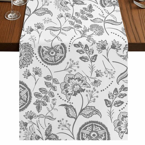 Boho Grey Floral 90 Inch Table Runner, Vintage Farmhouse Paisley Plant Leaf Farmhouse Dresser Scarf Cotton & Linen Tablerunner for Dining/Kitchen Island/Holiday Party Décor 13" x 90"