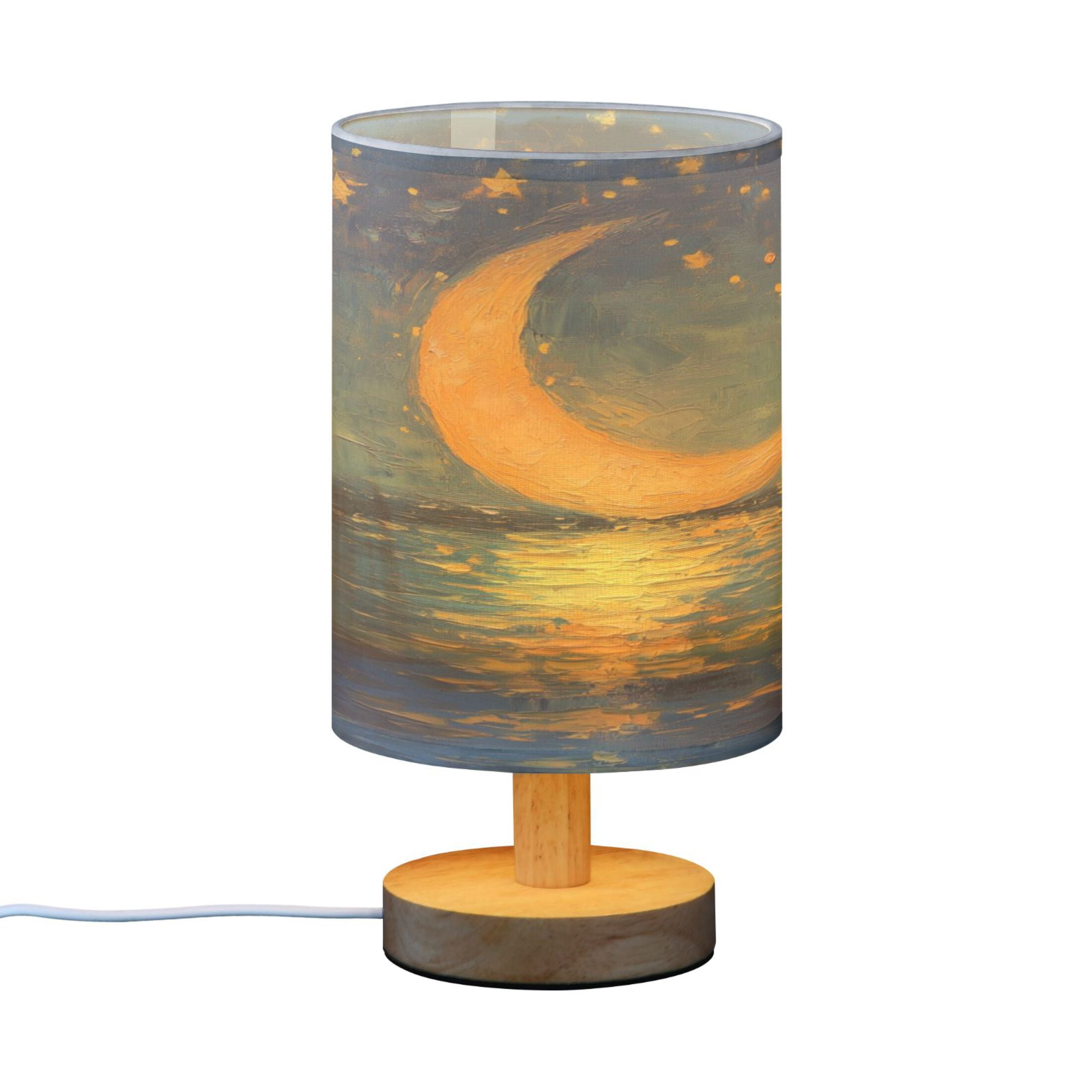 WOBOGO Moon Stars Oil Painting Pattern Bedroom Table Lamp USB Power Connector Wooden Base Round Linen Shade For Living Room Desk
