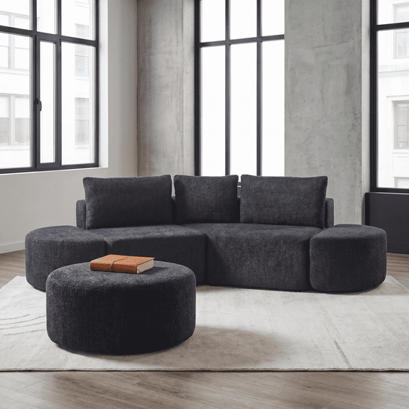 106" Chenille Fabric Fluffy Modular Sectional Loveseat Sofa, Modern Mid-century Modular Sofa with V-shaped Layout, Deep Seat Cloud Sectional Couch with High-density Foam for Living Room, Black