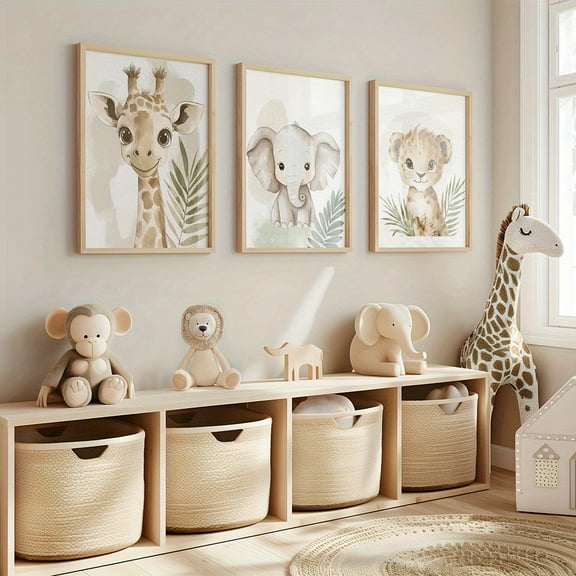 3pcs Safari Jungle Animal Nursery Wall Art Set - Soft Pastel Beige & Brown Frameless Canvas Prints with Giraffe, Elephant, Lion & Monkey - Modern Minimalist Nursery Decor for Baby Room, Bedroom, Nur