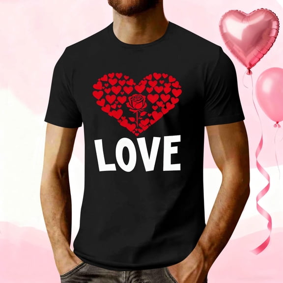 COSFO Short Sleeve Big And Tall Shirts for Men Workout Valentine's Day Crew Neck Love Heart Tops Regular Fit Pullover Vacation Mens Graphic Tees