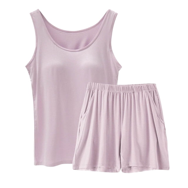 Lixiuxyad Women Spring And Summer Casual Solid Color Padded Tank Top Shorts Set Home Pajamas Set Pink