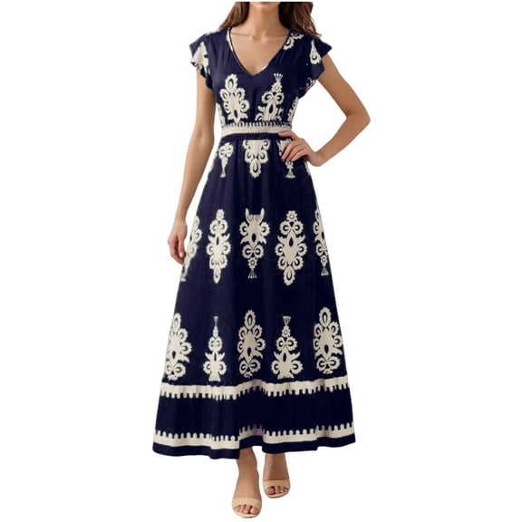 felwors Womens 2025 Summer Casual V Neck Boho Maxi Dress Flowy Aline Bell Sleeve Tiered Floral Dresses Navy, L