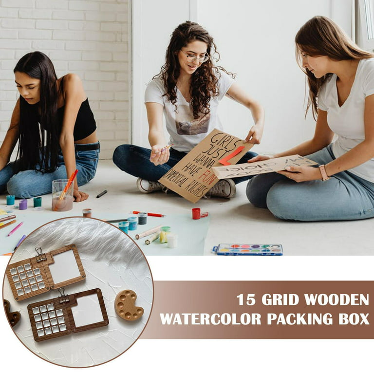 15 Grid Wooden Paint Palette with Lid, Mini Watercolor Paint Palette,  Portable
