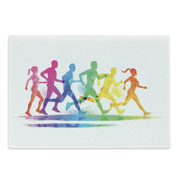 Running Cutting Board, Group of Men and Women Athletes Trying to Stay Fit Exercising Workout Colorful, Decorative Tempered Glass Cutting and Serving Board, in 3 Sizes, by Ambesonne