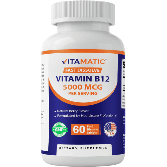 Vitamatic Vitamin B12 5000 mcg – 60 Fast Dissolve Tablets Berry Flavor – Supports Energy Production & Nervous System Health – Non-GMO, Gluten-Free