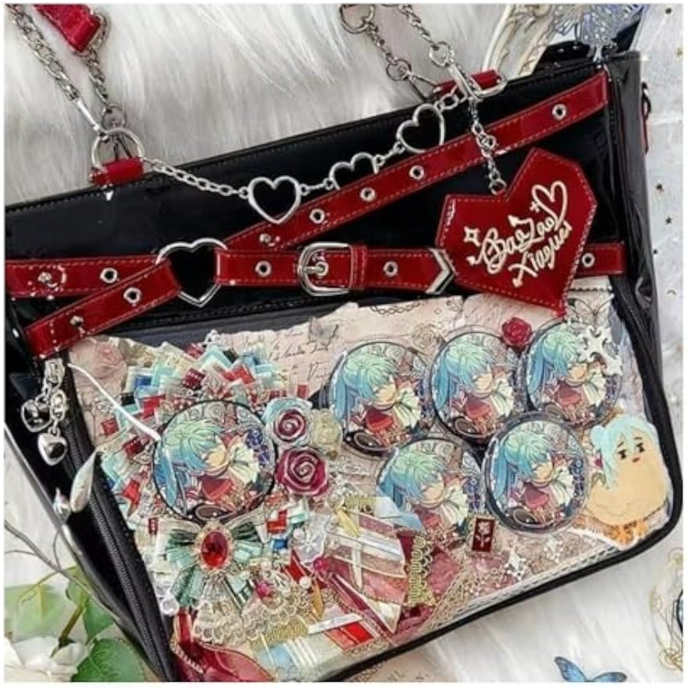 Love-Chains Ita Bag Pins Display Single Shoulder Crossbody Bag PU Leather Big Capacity Handbag Chain Clear Purse with Insert