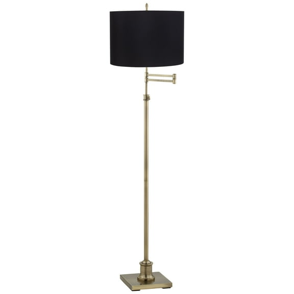 360 Lighting Swing Arm Floor Lamp 70" Tall Antique Brass Black Fabric Drum Shade for Living Room Reading Bedroom Office