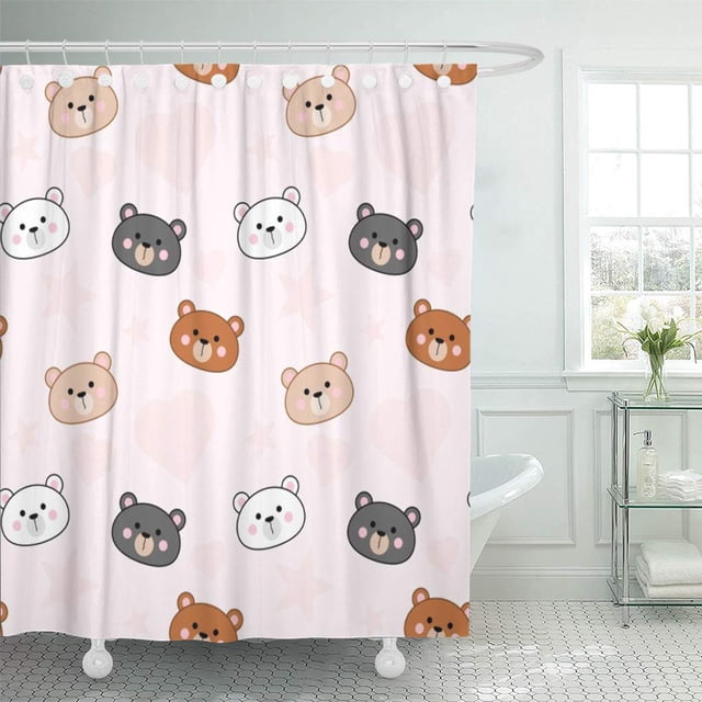 Cortina de Ducha ABPHQTO con estampado de Oso Bebé Marrón sobre Personaje de dibujos animados Rosa y Negro 160x180 cm
