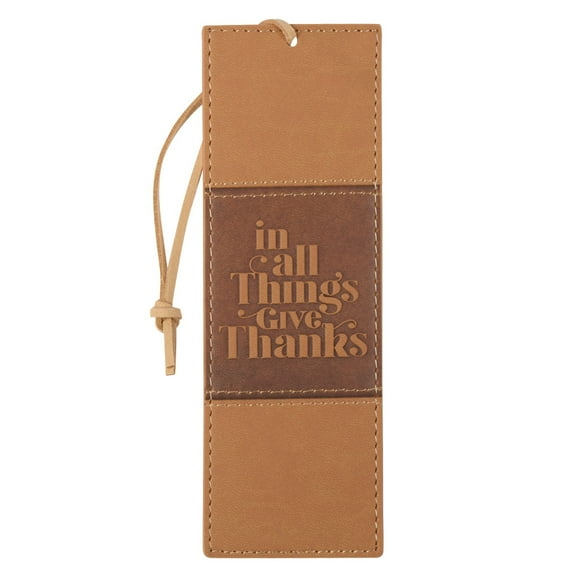 With Love Tan Faux Leather Bookmark for Men/Women, in All Things Give Thanks Debossed Design w/Accent Applique/Brown Cord Tassel, Inspirational Encouraging Book Accessory for Booklovers
