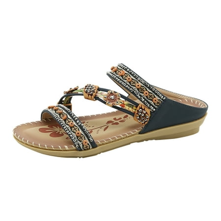 

Cathalem Summer Fashion Women Casual Open Toe Flat Flowers Rhinestone Comfortable Soft Bottom Breathable Slip On Shoes Sandals Blue 41