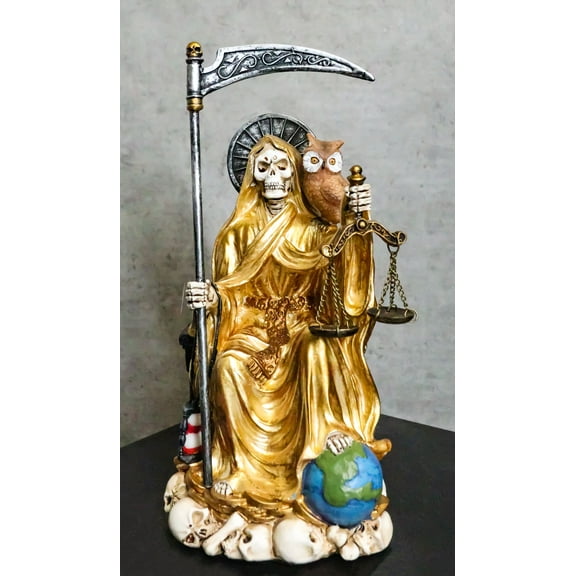 Seated Gold Santa Muerte With Scythe Scales of Justice And Wise Owl Figurine 9"H