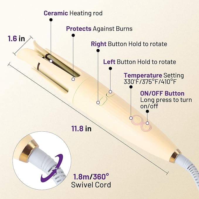 RKXQTAutomatic Hair Curling Iron Automatic Hair Curler Automatic Rotating with 3 Temperature Sets, Anti-Scald, Anti-Tangle Auto Curling Iron Rotating, Yellow