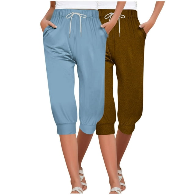 Timegard 2pc Capri Pants for Women Elastic High Waisted Drawstring Comfy Casual Crop Pants with Pockets