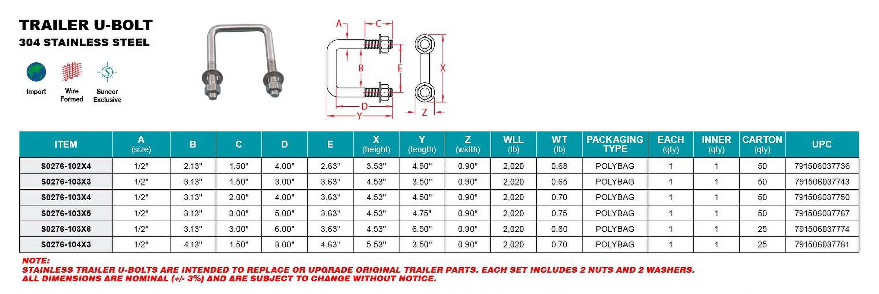 STAINLESS TRAILER U-BOLT, 1/2", 3-1/8"X6" 304 SS