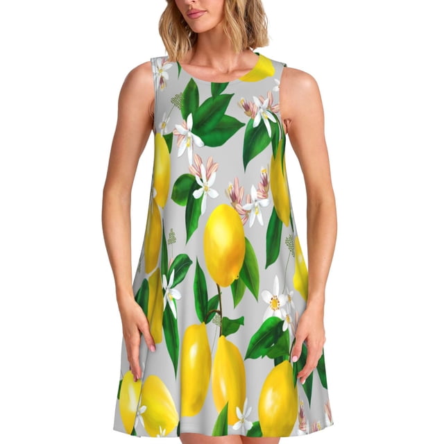 Fotbe Lemon Seamless Pattern Oil Painting Effect Vestido de Verano sin Mangas para Mujer – Vestido Midi Línea A, Estilo Camiseta Floral, Vestido Playero Casual y Fluido