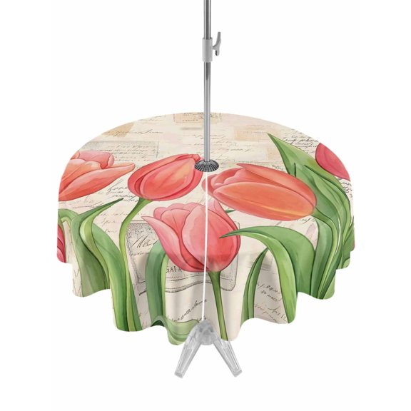 Outdoor Tablecloth with Umbrella Hole for Patio/Picnic/Party/Camping, Pink Tulip Waterproof Table Cloth Round Cover Washable, Spring Floral Summer Botanical Vintage (Dia 60")