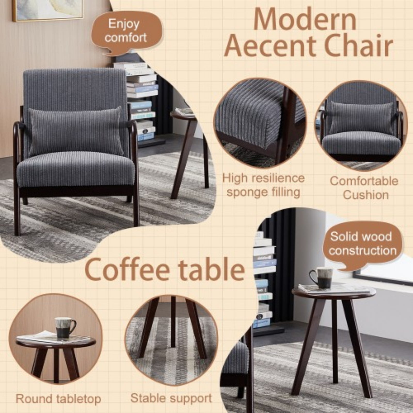 Mid-Century Modern Accent Chair, Upholstered Reading Arm Chair with Pillow, Solid Wood Frame Living Room Chair for Bedroom Balcony, Dark Grey