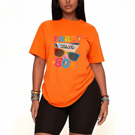 Womens 2 Piece Oversized Lounge Outfit Casual Summer Sets 80's Theme Party Graphic Vintage Disco Printed Crew Neck T-Shirt and Shorts Matching Clothing Sets-Orange-3XL