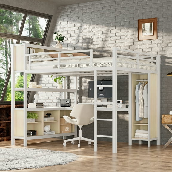 Lisonu All-in-One Queen Loft Bed with Wardrobe, L-Shaped Desk, and Shelves, Heavy-Duty Metal & Wood Workstation, No Box Spring Needed, White Wood-grain