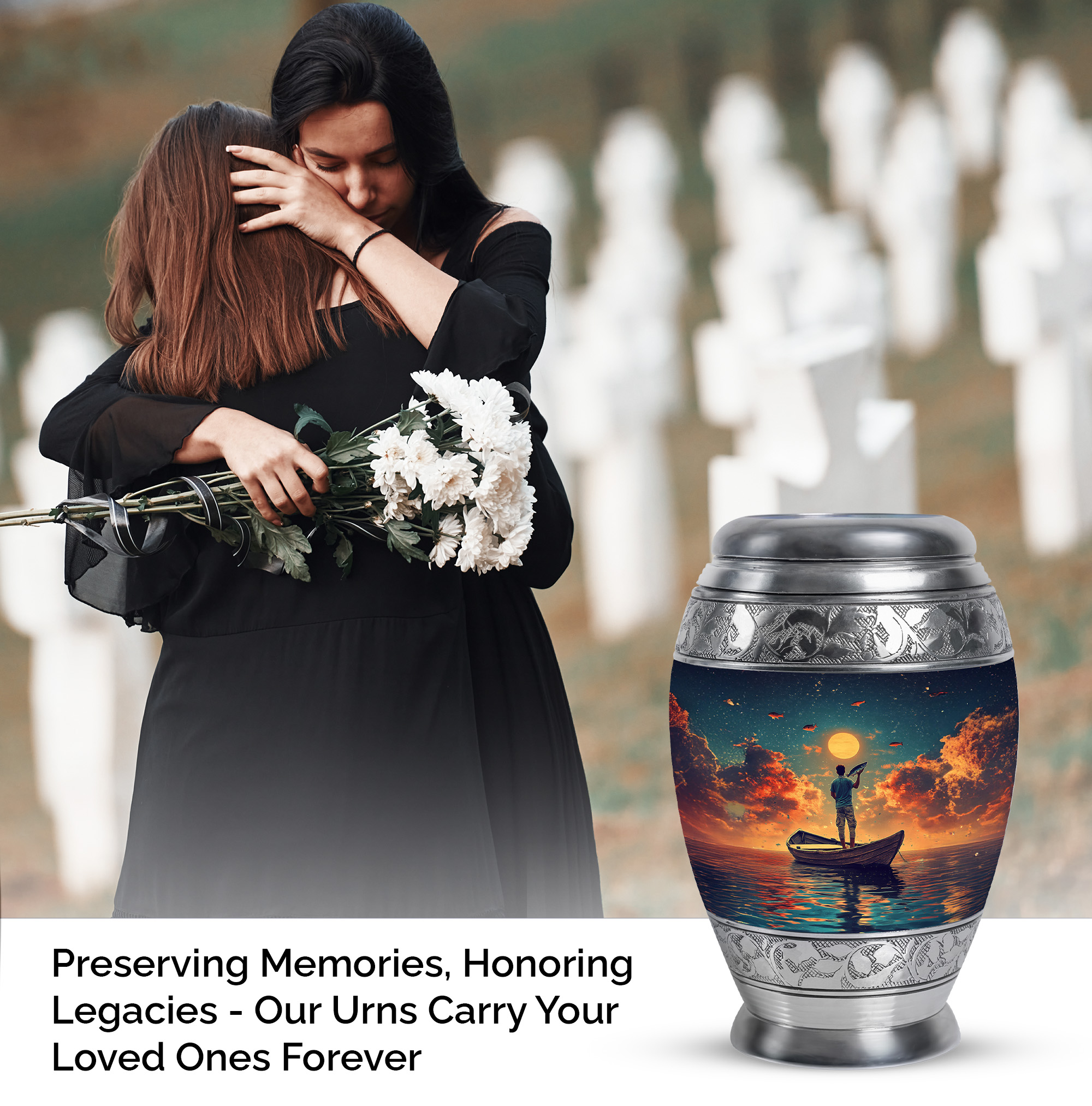JAGASY Fishing Urn for Mother - Dark Green Small Urn for Ashes Adult Male & Female - Sunset Water Boat Decorative Urns - Memorial Cremation Urns for Father - (3 Inch)