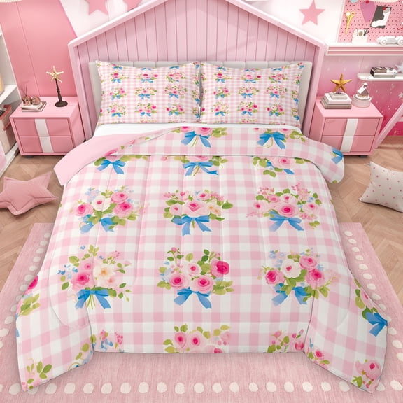 Homewish Retro Flower Floral Bedding Comforter Set,Pink Plaid Grid Twin Comforter Sets,Blue Bow Knot Ribbon Bedding Set For Girls Teens,Microfiber Bedroom Decor Reversible,2 Pieces