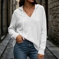 thumbnail image 6 of Hoodies for Women V Neck Waffle Knitted Long Sleeve Drawstring Pullover Sweatshirt Casual Fall Winter Top, 6 of 8