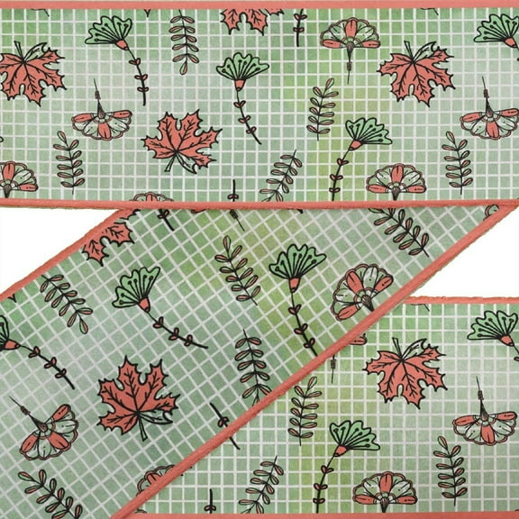 IBA Indianbeautifulart Green Maple Leaves & Artistic Floral Check Ribbon Trim Tape Fabric Laces For Crafts Printed Velvet Trim 9 Yards Sewing Accessories 3 Inches