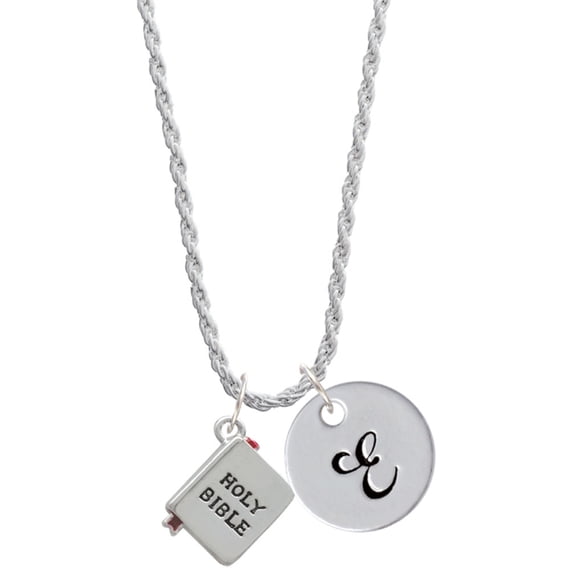 Delight Jewelry Silvertone Bible with Cross Silvertone Script Initial Disc - E - Charm Necklace, 20"+3"
