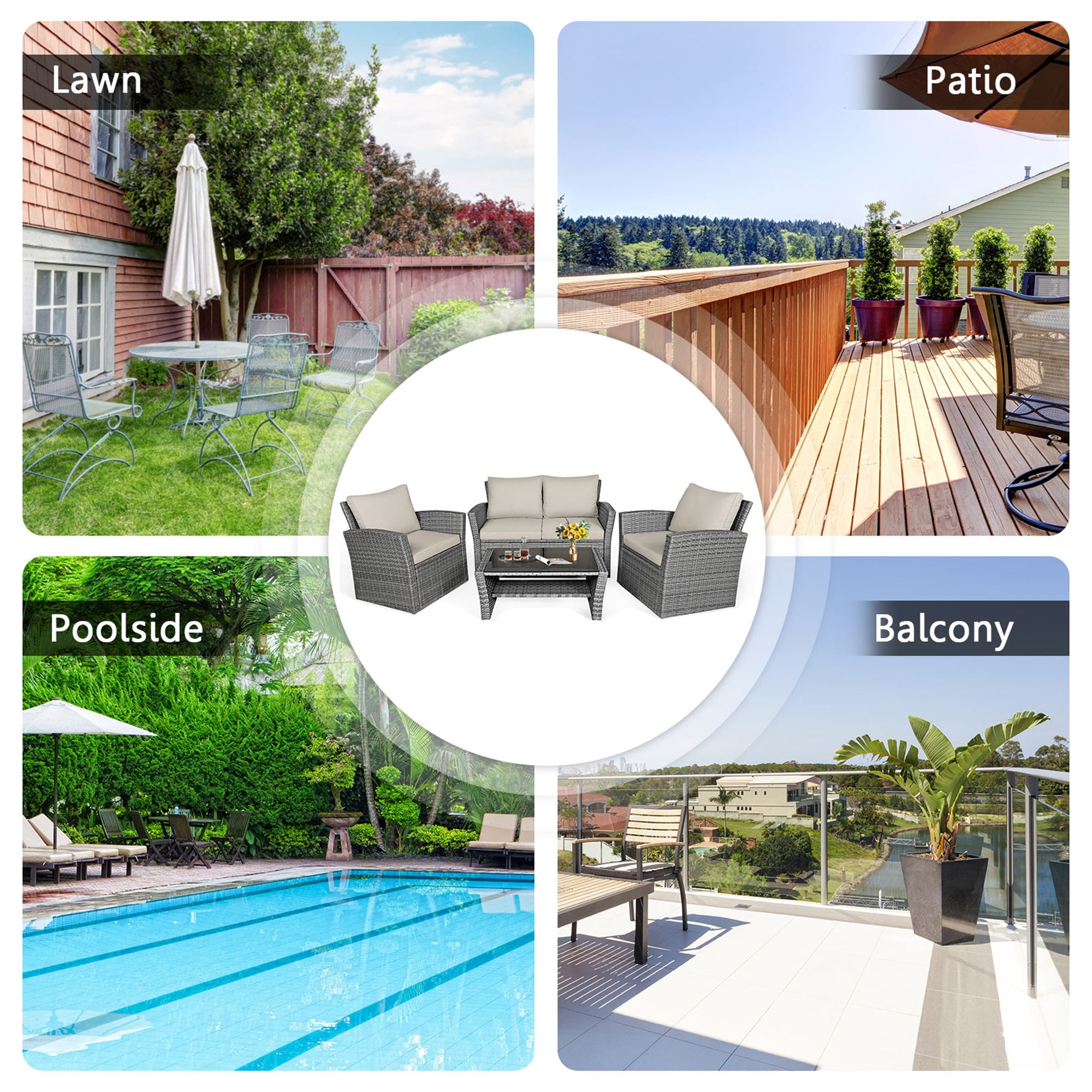 Gymax 4PCS Patio Rattan Conversation Set Outdoor Furniture Set w/ Khaki Cushions