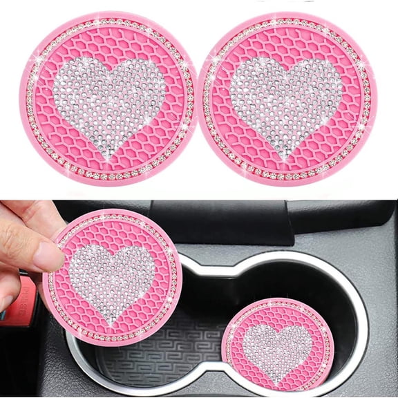 Car Interior Accessories 2 Pack Sparkling Rhinestone Cup Holder Mats for Cars Mug Mats for Drink Holders Black Cute Interior for Women, 7×7×0.6 cm, Pink