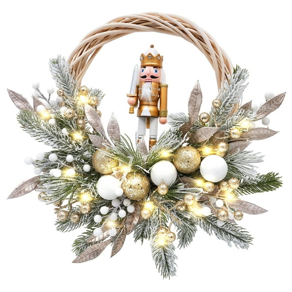 24" Christmas Wreath with 30 LED Lights Walnut and Berry Wreath for Front Door Holiday Home Decor,Silver And Gold