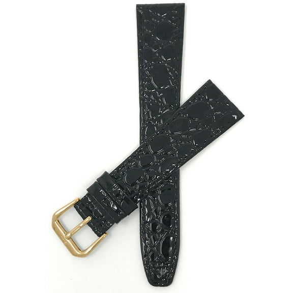 Bandini Extra Long (XL) 10mm Womens Italian Leather Watch Band Strap - Black - Crocodile Pattern - Slim - Gold Buckle