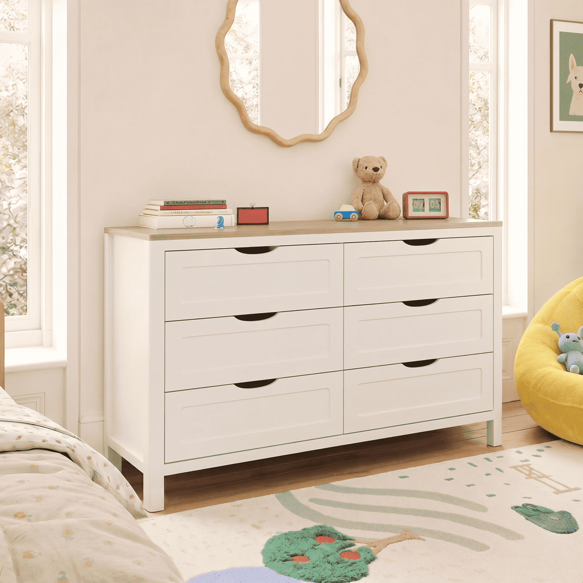Treocho Farmhouse 6 Drawer Dresser for Bedroom, 47'' Wide with Hidden Handles, Wooden, White