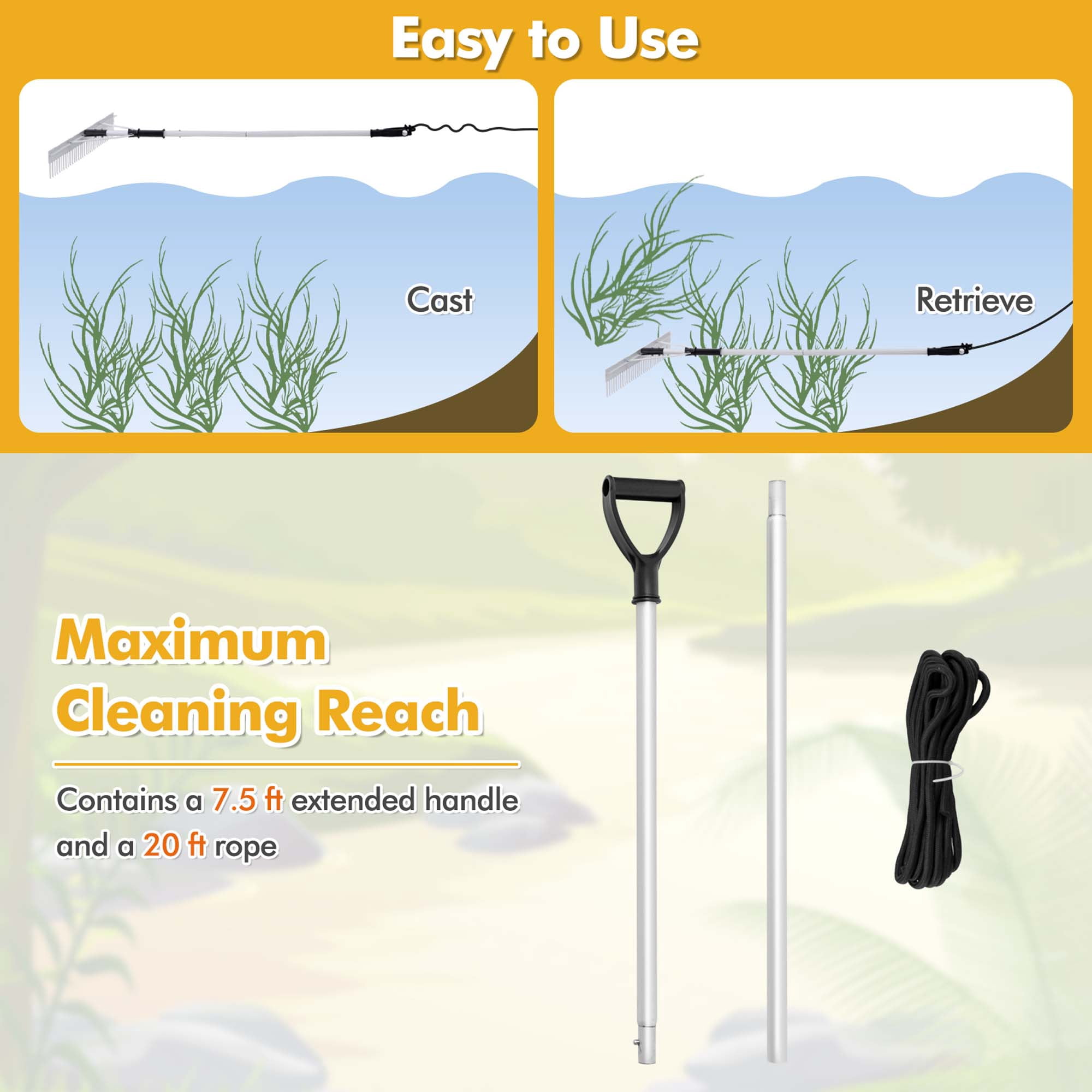 Costway Floating Weed Lake Rake Pond Weed Cutter with Foam Floats, Extended Handle & Rope