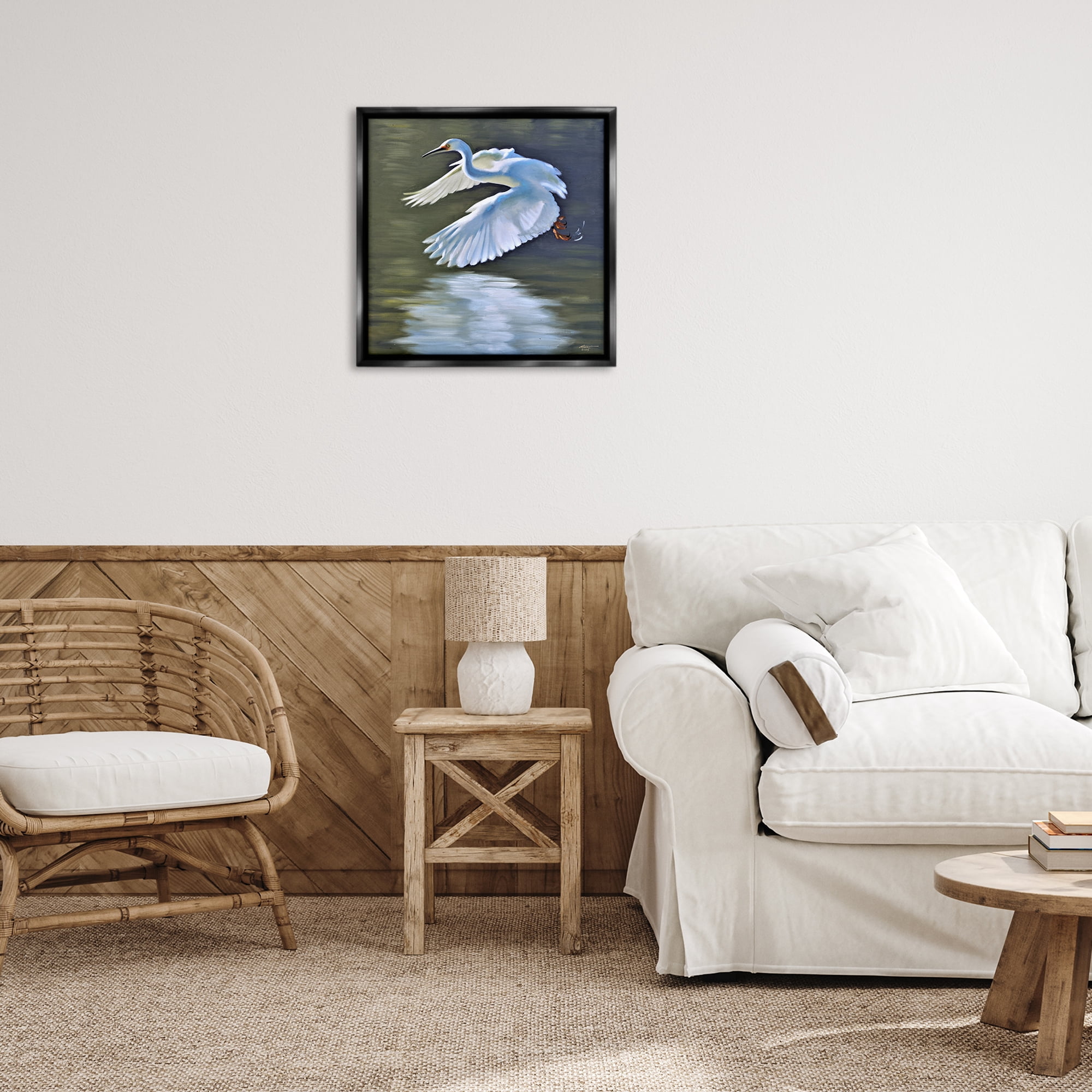Stupell Industries Egret Flying Lake Surface Animals & Insects Painting Black Floater Framed Canvas Art Print Wall Art, 25 x 25