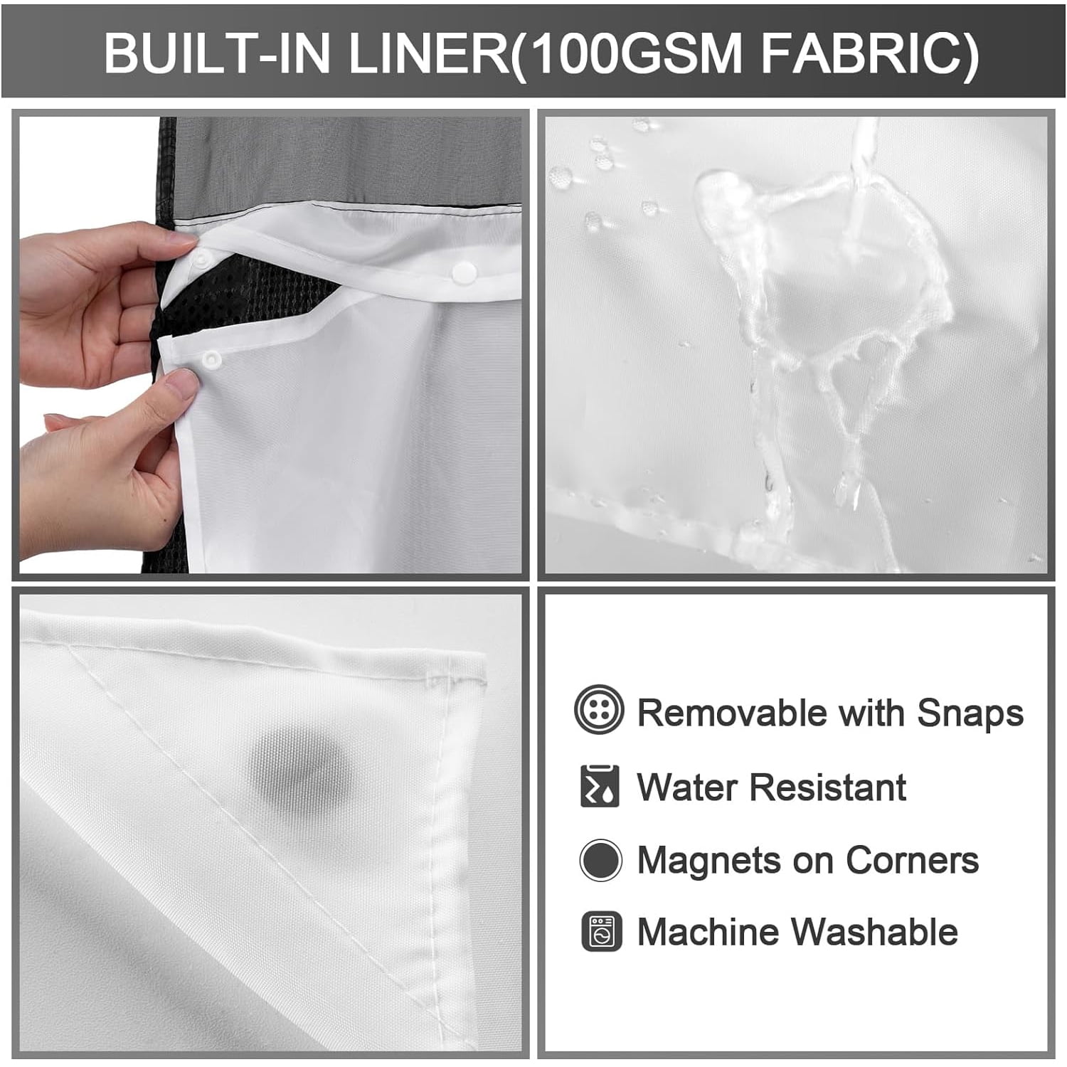DawnJoanHD Waffle Weave No Hook Shower Curtain with Snap-in Liner, Black Polyester Fabric with See-Through Top Window, 72" x 75"