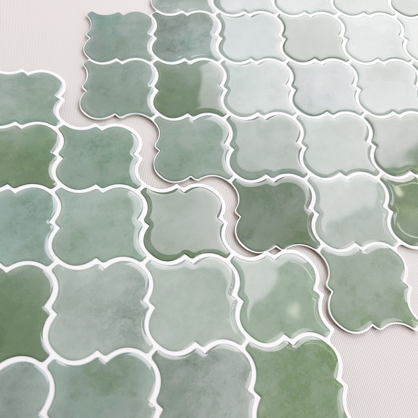 Thicker Upgrade Sage Green Peel and Stick Arabesque Vinyl Tile Backsplash 12 x 12 inch ( set of 10)