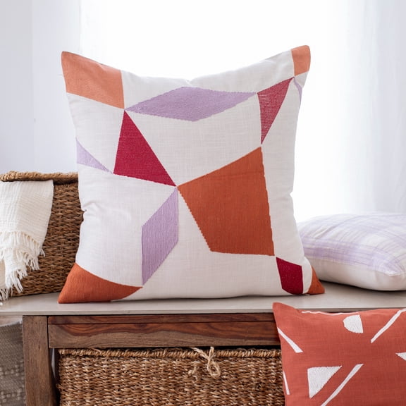 Laddha Home Designs Handwoven Abstract Embroidered Throw Pillow - 20" - Ivory and Red